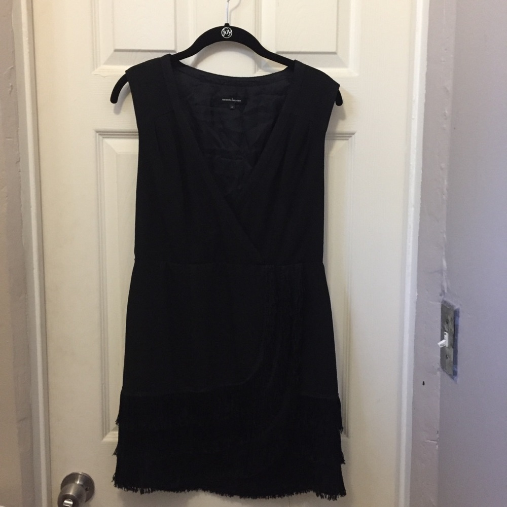 Nanette Lepore black party dress with fringe trim
